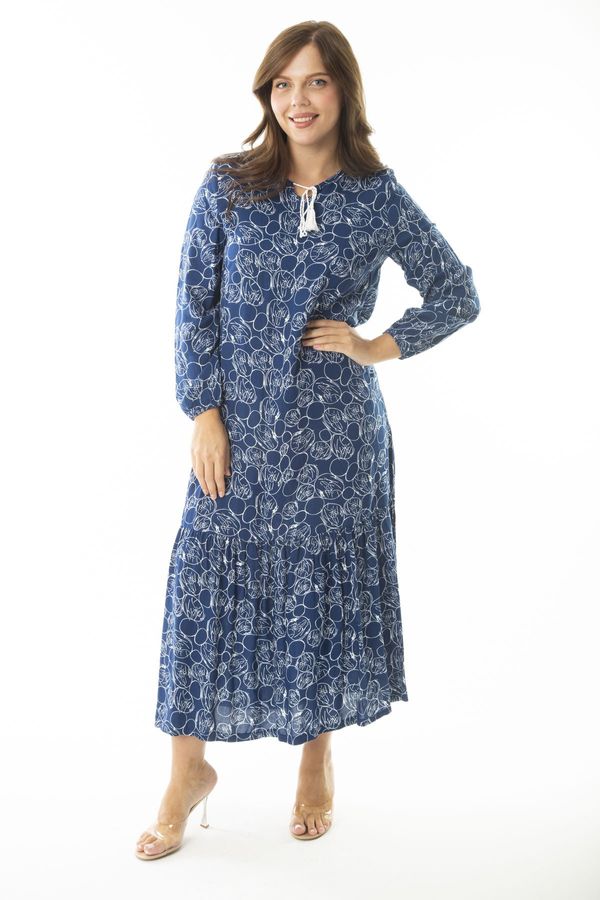 Şans Şans Women's Plus Size Blue Weave Viscose Fabric Multilayer Long Sleeve Dress