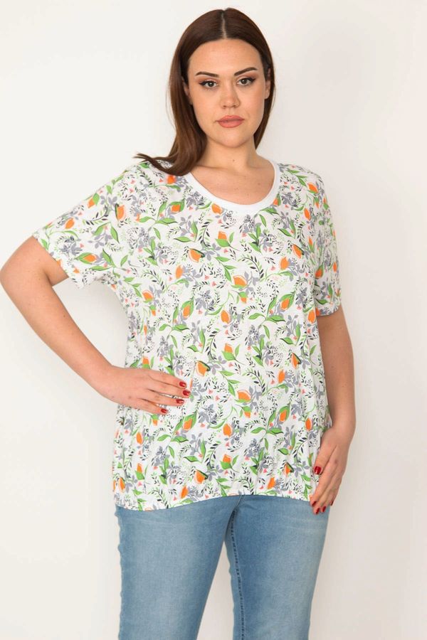 Şans Şans Women's Plus Size Bone Cotton Fabric Crew Neck Floral Patterned Blouse with Elastic Hem
