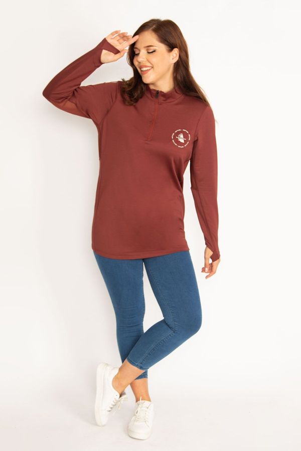 Şans Şans Women's Plus Size Brown Front Patties with Zipper Underarms Tulle Detailed Sports Sweatshirt