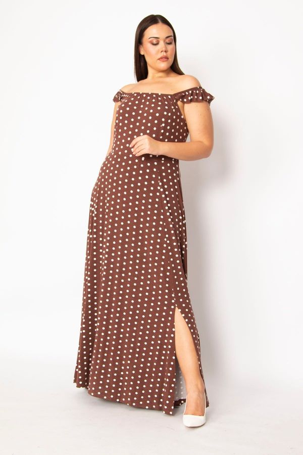 Şans Şans Women's Plus Size Brown Striped Collar Elasticated Points Pattern Long Dress