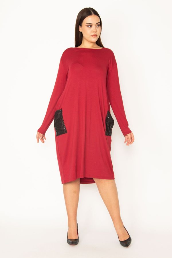 Şans Şans Women's Plus Size Burgundy Pocket Sequin Detail Viscose Dress