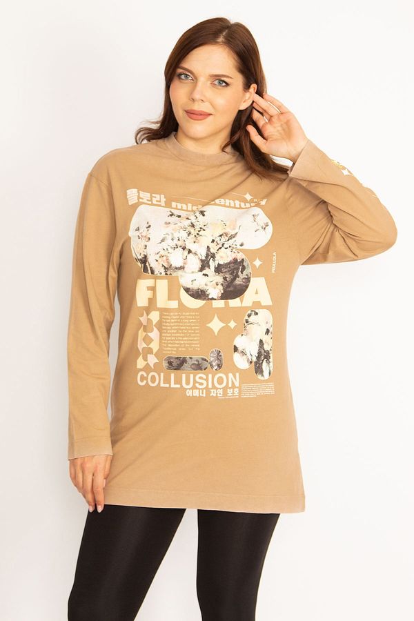 Şans Şans Women's Plus Size Camel Front Printed Sweatshirt