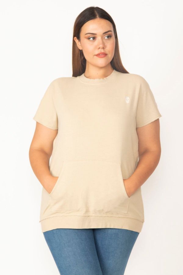 Şans Şans Women's Plus Size Camel Kanuru Low-Sleeve Sweatshirt with Pocket