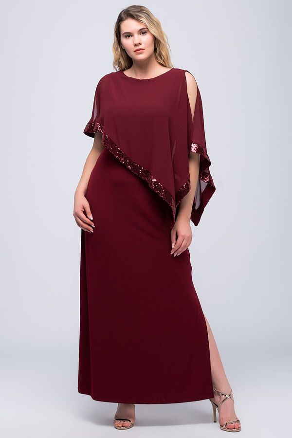 Şans Şans Women's Plus Size Claret Red Chiffon And Sequin Detailed Evening Dress