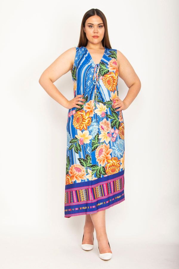 Şans Şans Women's Plus Size Colored Gathering And Lace Detail Hem Bias Cut Colorful Dress