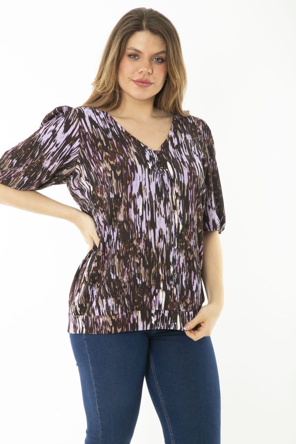 Şans Şans Women's Plus Size Colorful Blouse with Buttons and Elastic Sleeves