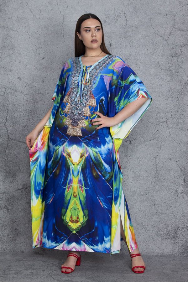 Şans Şans Women's Plus Size Colorful Dress With Sleeves And Collar Detailed