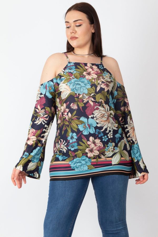 Şans Şans Women's Plus Size Colorful Floral Printed Off-the-Shoulder Blouse