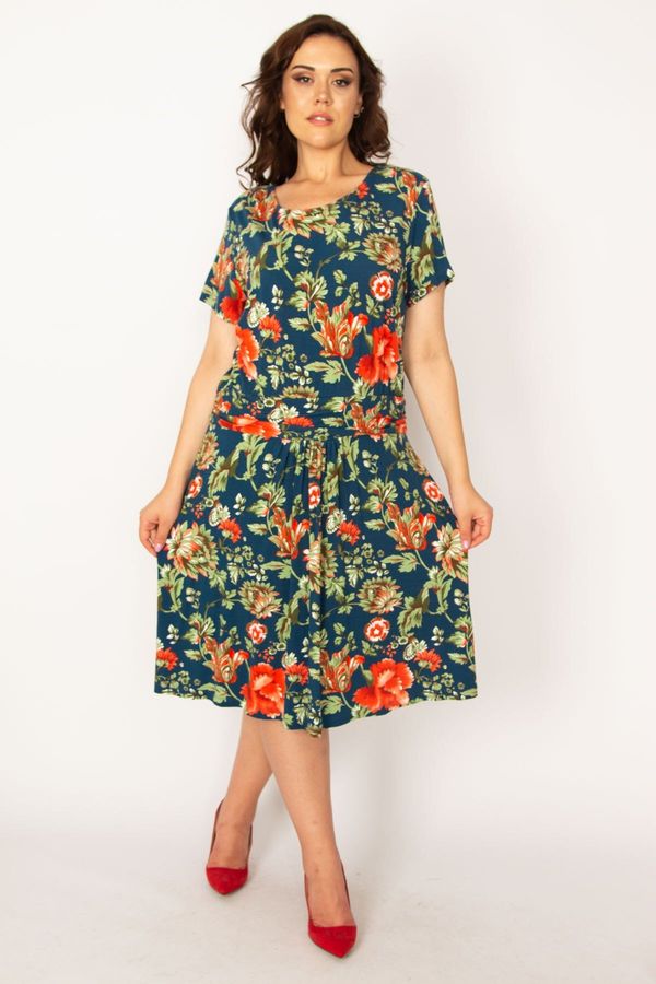 Şans Şans Women's Plus Size Colorful Waist Draped Floral Pattern Dress