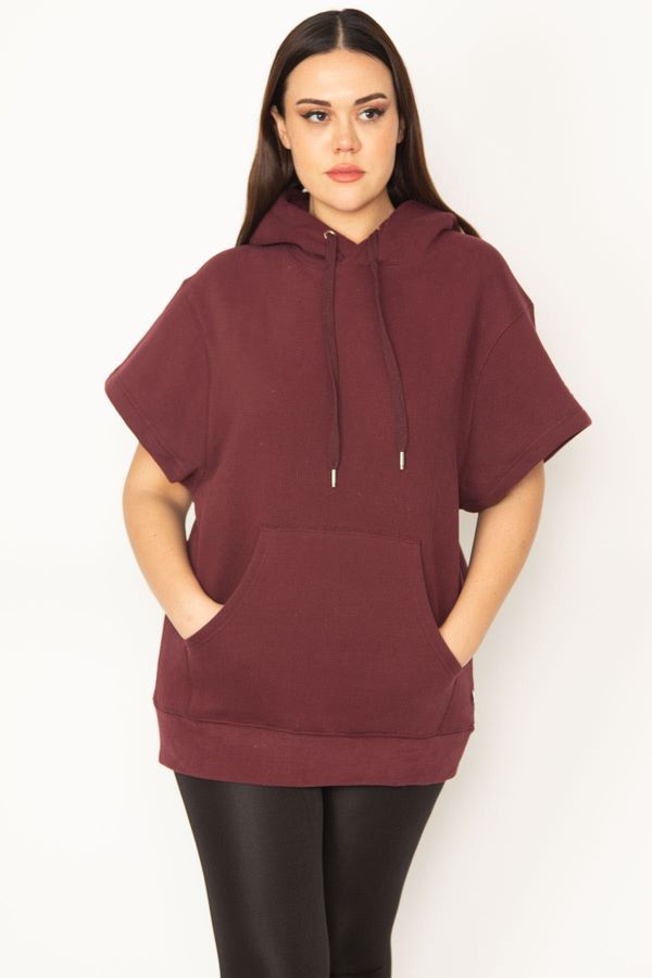 Şans Şans Women's Plus Size Damson 3 Thread Raised Kangaroo Pocket And Hooded Short Sleeve Sweatshirt