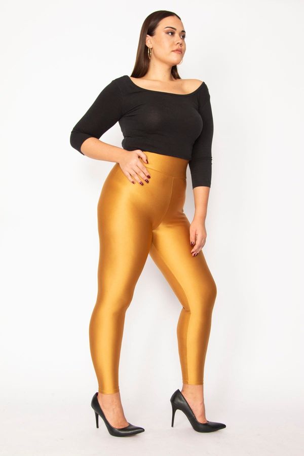 Şans Şans Women's Plus Size Gold High Waist Spandex Concentrator Shiny Disco Leggings