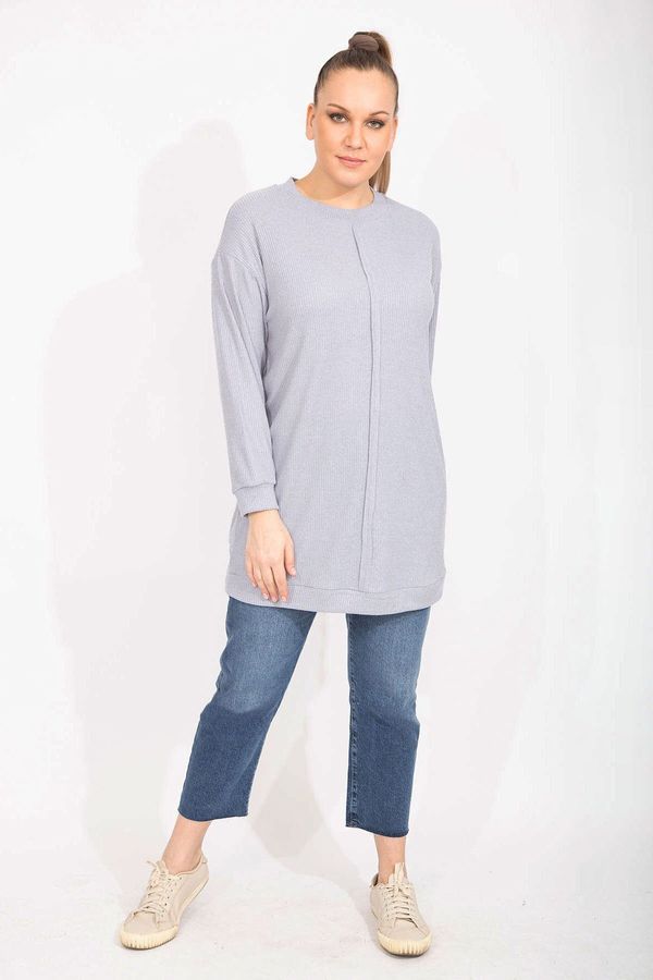 Şans Şans Women's Plus Size Gray Camisole Long Tunic with Fabric Front Stitching Detail