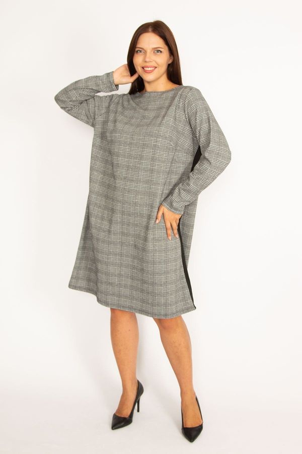 Şans Şans Women's Plus Size Gray Checkered Dress With Side Stripes Detail