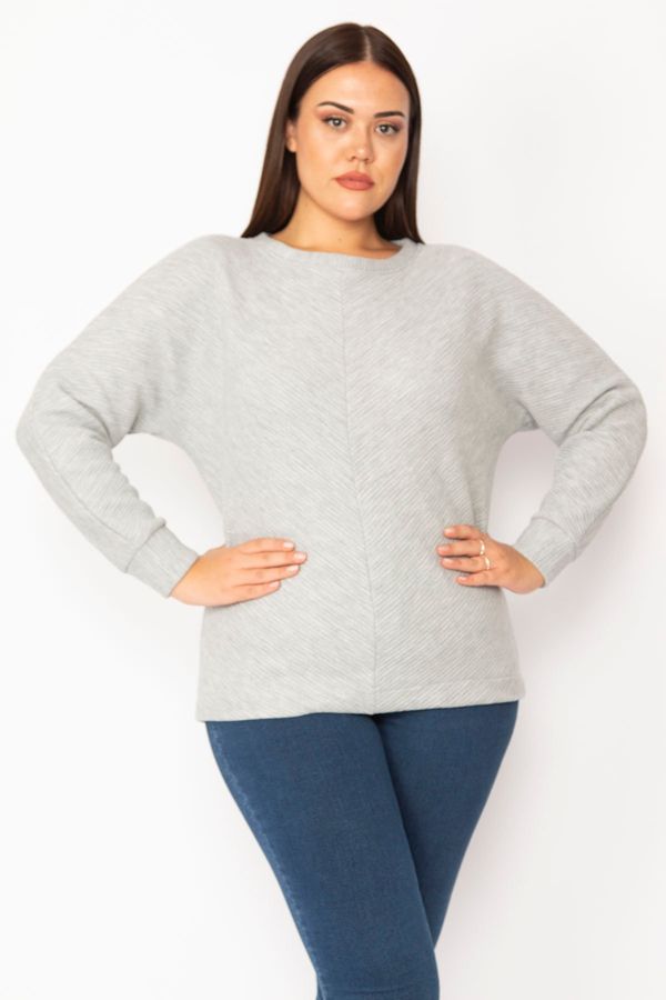Şans Şans Women's Plus Size Gray Self Bias Striped Sweatshirt
