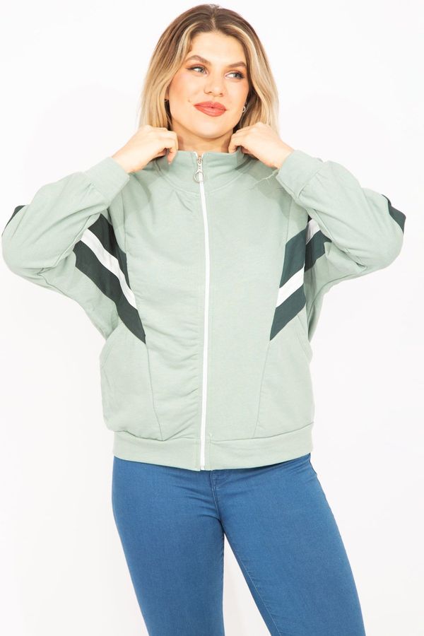 Şans Şans Women's Plus Size Green 2 Thread Fabric Front Zipper And Stripe Detailed Sweatshirt