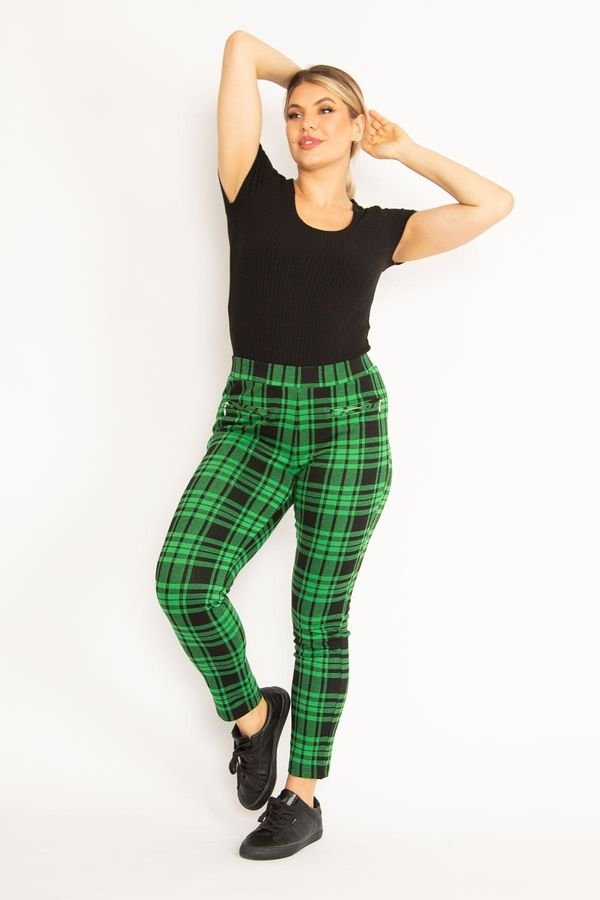 Şans Şans Women's Plus Size Green Checkered Leggings With Zippered Ornamental Pockets