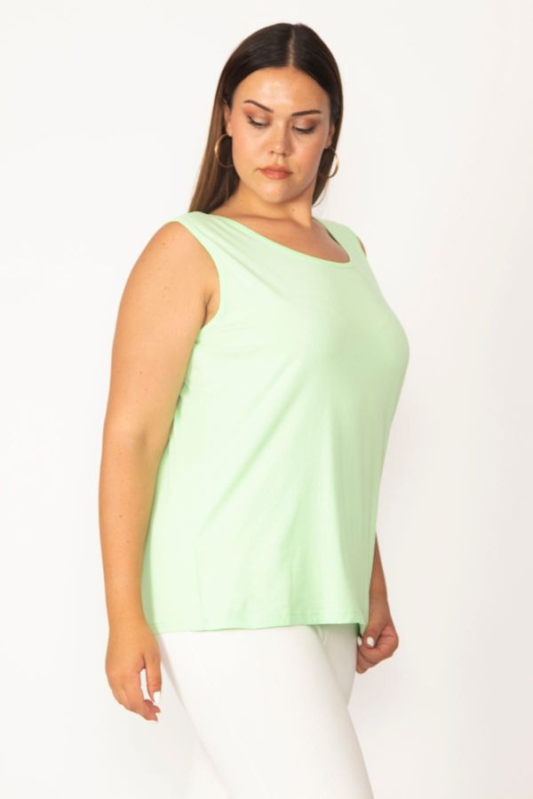 Şans Şans Women's Plus Size Green Cotton Fabric Crewneck Tank Top