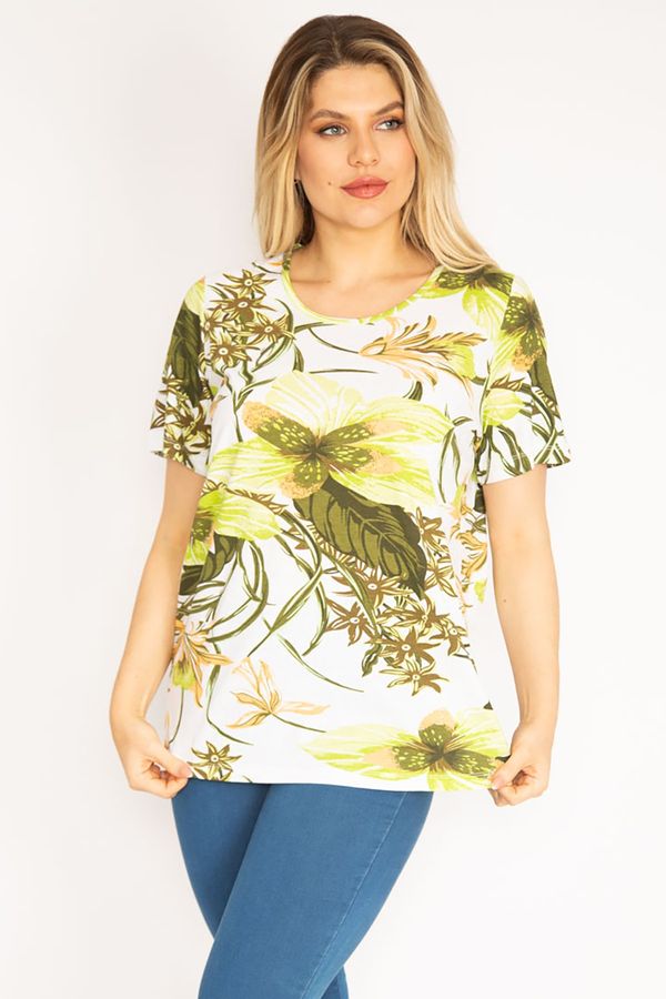 Şans Şans Women's Plus Size Green Cotton Fabric Floral Pattern Blouse