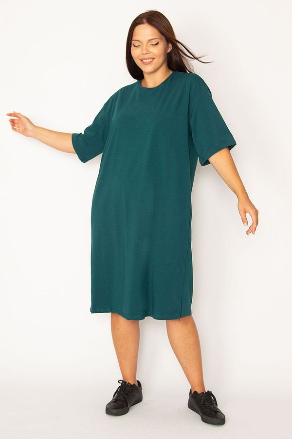 Şans Şans Women's Plus Size Green Cotton Fabric Side Zipper Slit Lycra Dress