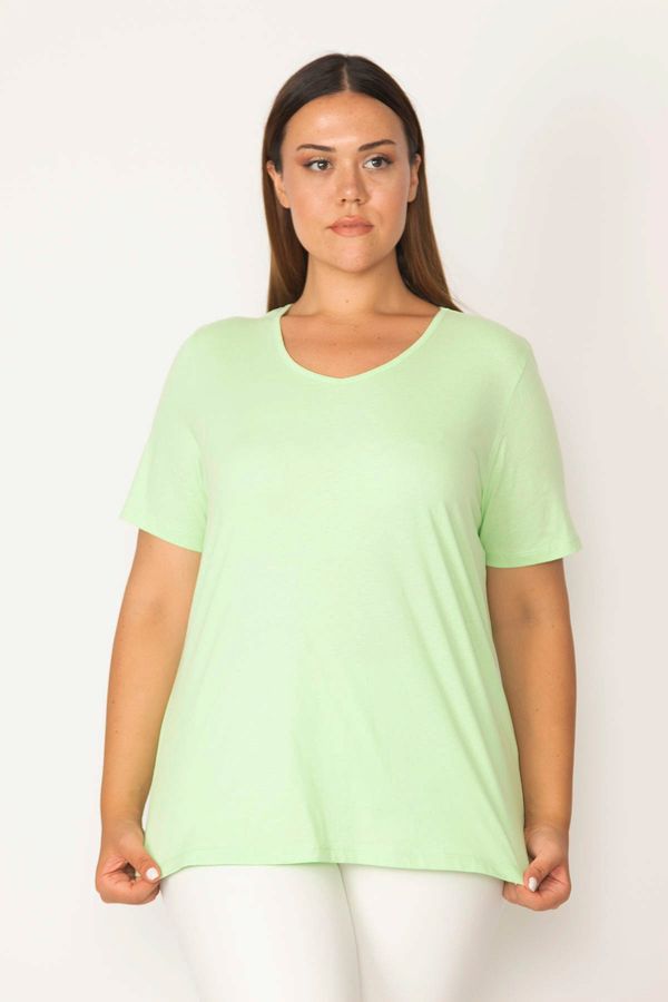 Şans Şans Women's Plus Size Green Cotton Fabric V-Neck Short Sleeve Blouse