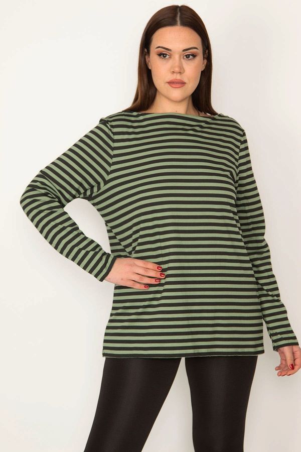 Şans Şans Women's Plus Size Green Crew Neck Long Sleeve Striped Blouse