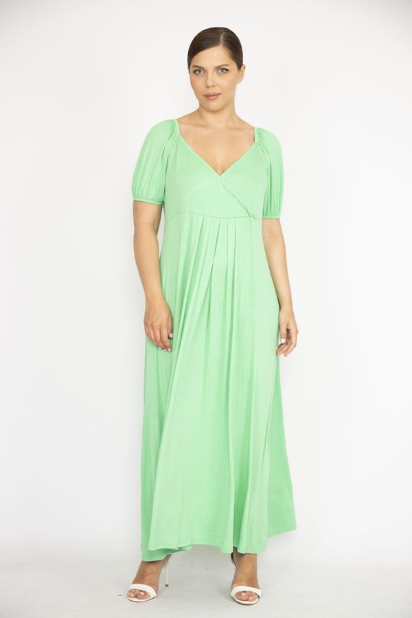 Şans Şans Women's Plus Size Green Elastic Detailed Shoulder And Arm Cuff Dress With Wrap Neck