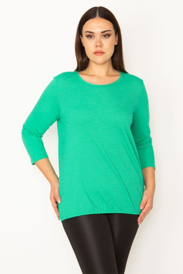 Şans Şans Women's Plus Size Green Elastic Pinstripe Blouse