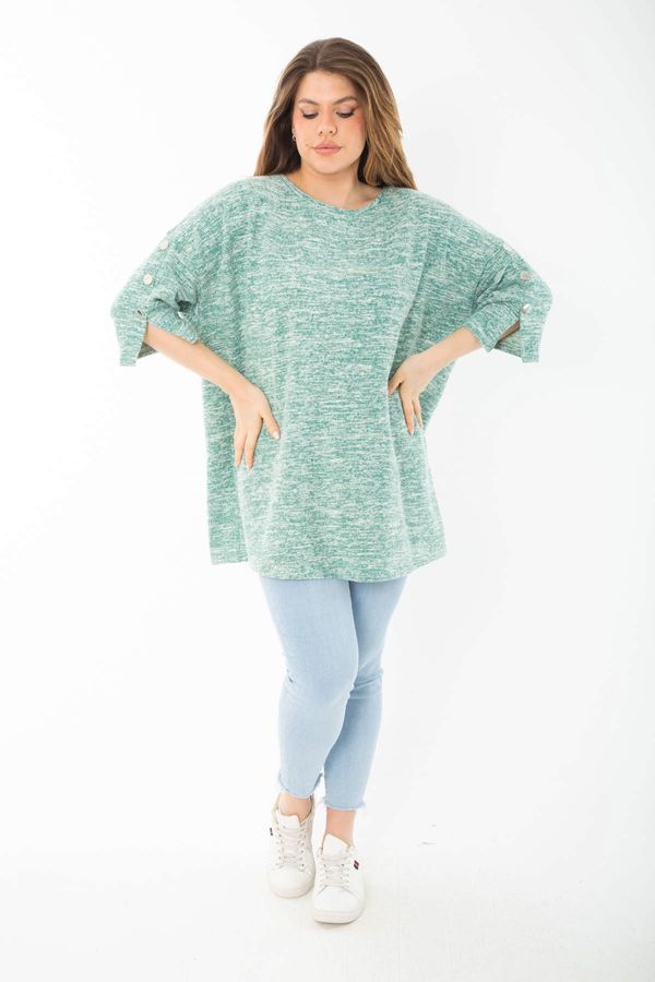 Şans Şans Women's Plus Size Green Embellished Thick Tunic with Ornamental Metal Buttons