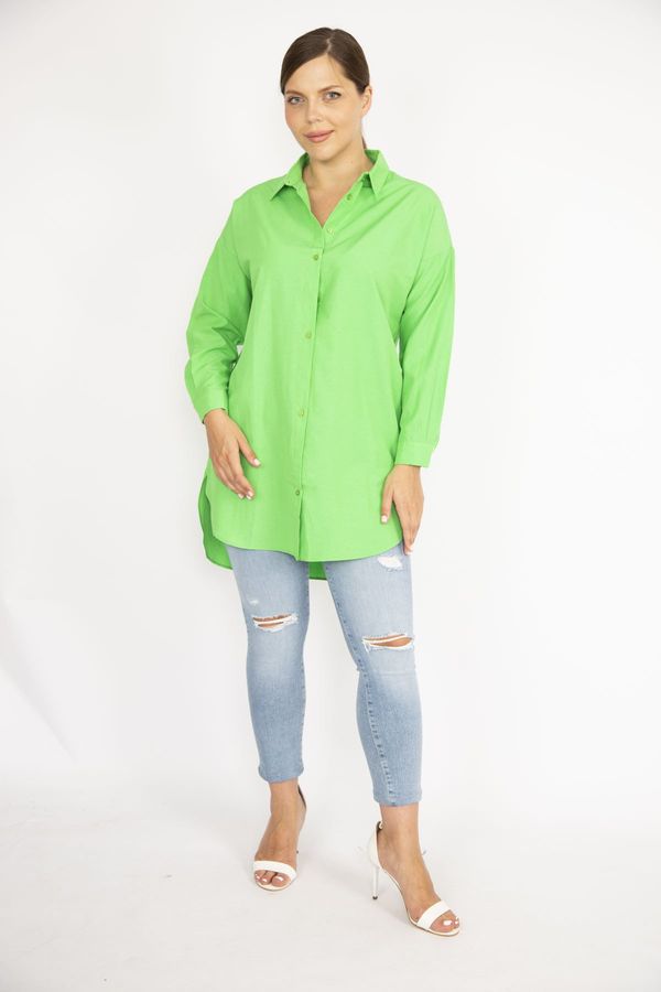Şans Şans Women's Plus Size Green Front Buttoned Long Sleeve Shirt