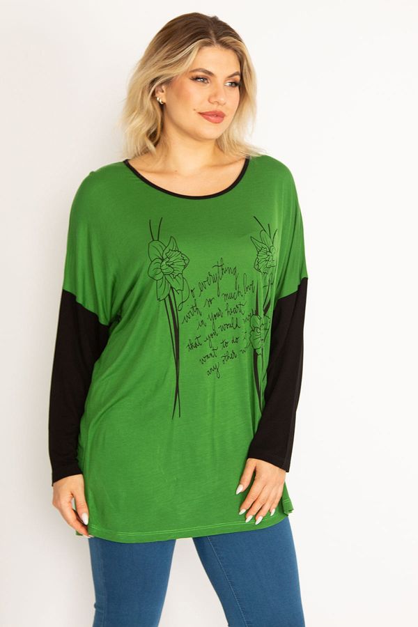 Şans Şans Women's Plus Size Green Front Printed Two Color Tunic