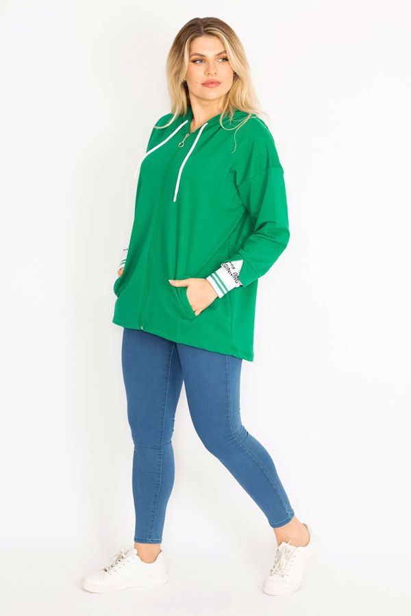 Şans Şans Women's Plus Size Green Front Zipper Hooded Sweatshirt