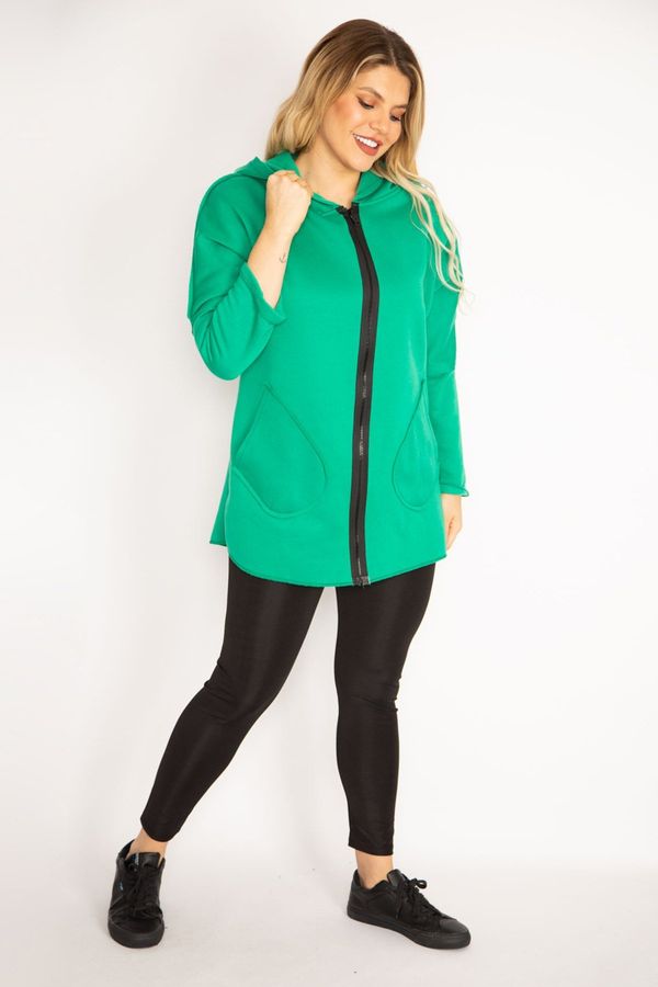 Şans Şans Women's Plus Size Green Front Zippered Pocket And Hooded Coat