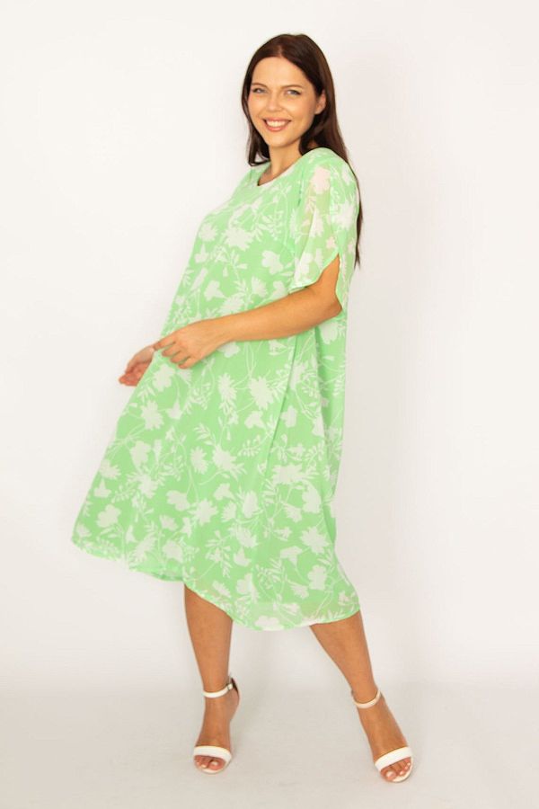 Şans Şans Women's Plus Size Green Lined Slit Sleeve Chiffon Dress