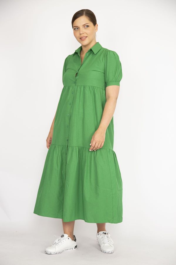 Şans Şans Women's Plus Size Green Poplin Fabric Front Buttoned Dress