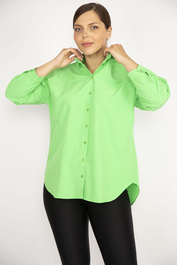 Şans Şans Women's Plus Size Green Poplin Shirt with Buttons