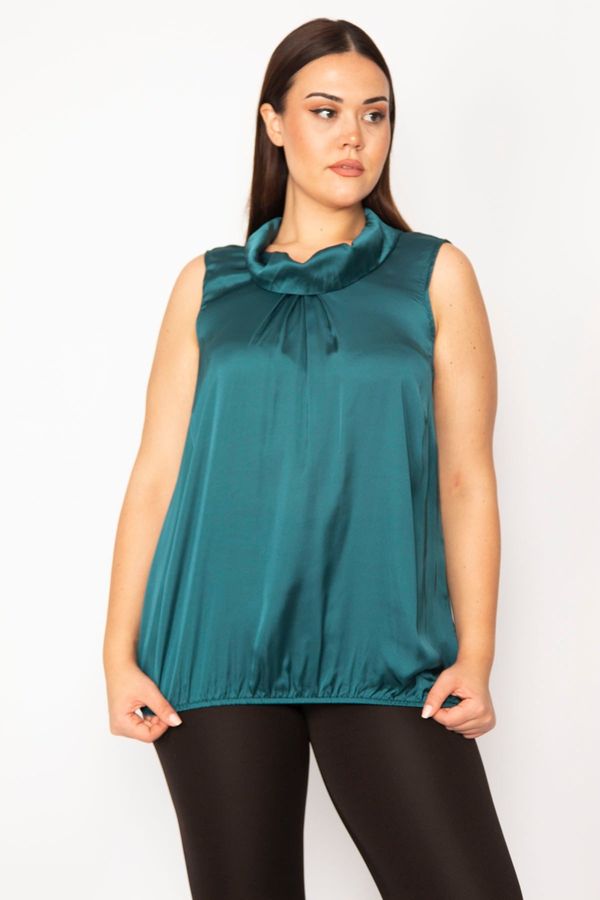 Şans Şans Women's Plus Size Green Scalloped Collar Satin Blouse With Elastic Hem