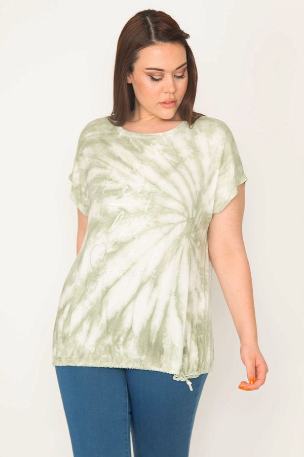 Şans Şans Women's Plus Size Green Tie Dye Patterned Blouse With Stones In The Front And Lace Up At The Hem