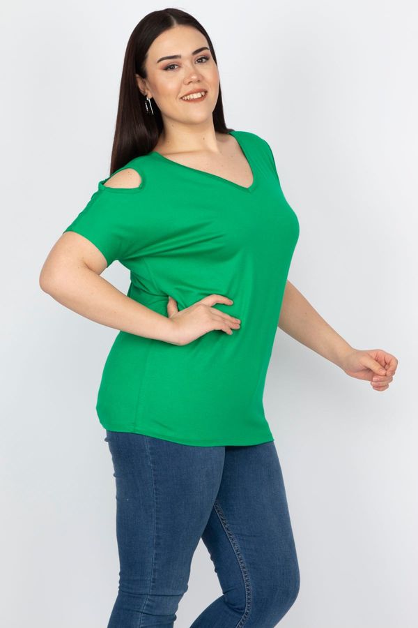 Şans Şans Women's Plus Size Green Viscose Viscose Blouse With Decollete