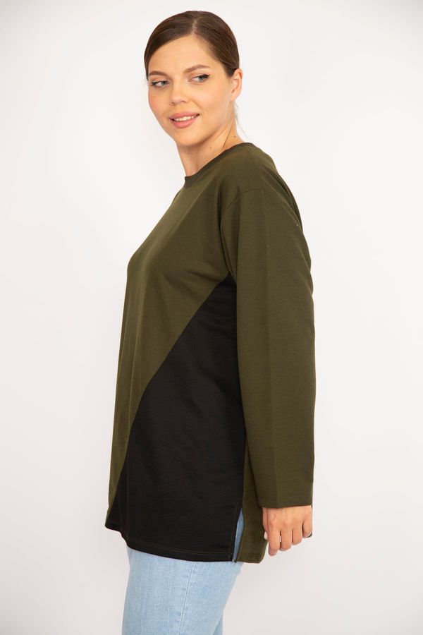 Şans Şans Women's Plus Size Khaki Color Combined Long Sleeve Tunic