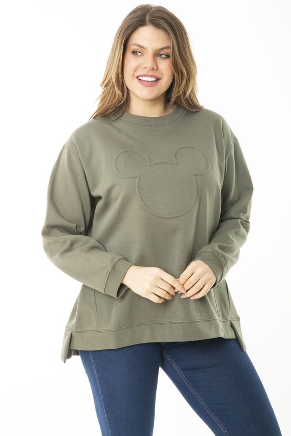 Şans Şans Women's Plus Size Khaki Inner Raised Slit Sweatshirt