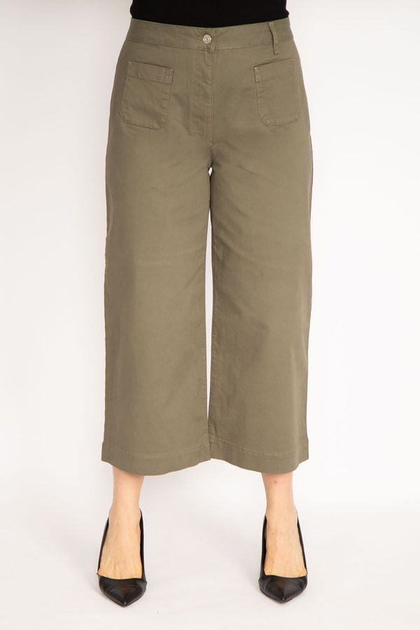 Şans Şans Women's Plus Size Khaki Lycra Gabardine Fabric Trousers with Front Pocket