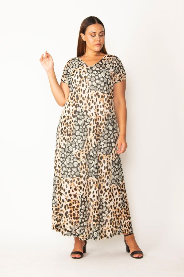 Şans Şans Women's Plus Size Leopard V-Neck Chiffon Linen Long Dress