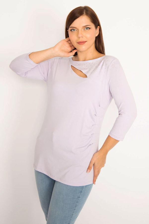 Şans Şans Women's Plus Size Lilac Collar Blouse With Stones And Side Shims Detail