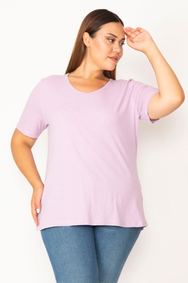 Şans Şans Women's Plus Size Lilac Cotton Fabric V-Neck Short Sleeve Blouse