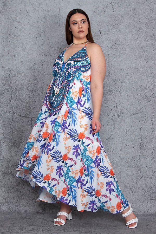 Şans Şans Women's Plus Size Multicolored Low-Cut Back Stone Detailed Lined Asymmetrical Dress