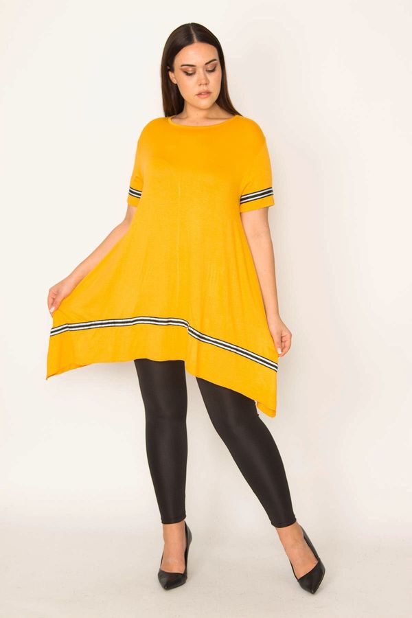 Şans Şans Women's Plus Size Mustard Stripe Detailed Asymmetric Tunic
