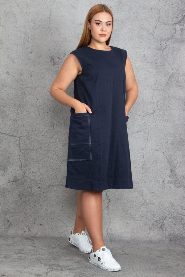 Şans Şans Women's Plus Size Navy Blue Contrast Stitching Detail Pocket Gabardine Fabric Dress