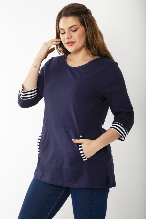 Şans Şans Women's Plus Size Navy Blue Cotton Fabric Kangaroo Pocket Striped Garnish Blouse