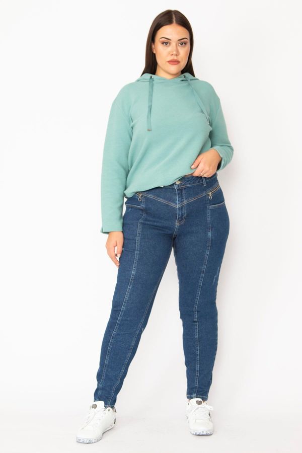 Şans Şans Women's Plus Size Navy Blue Cup And Zippered Pocket Detail Lycra Jeans