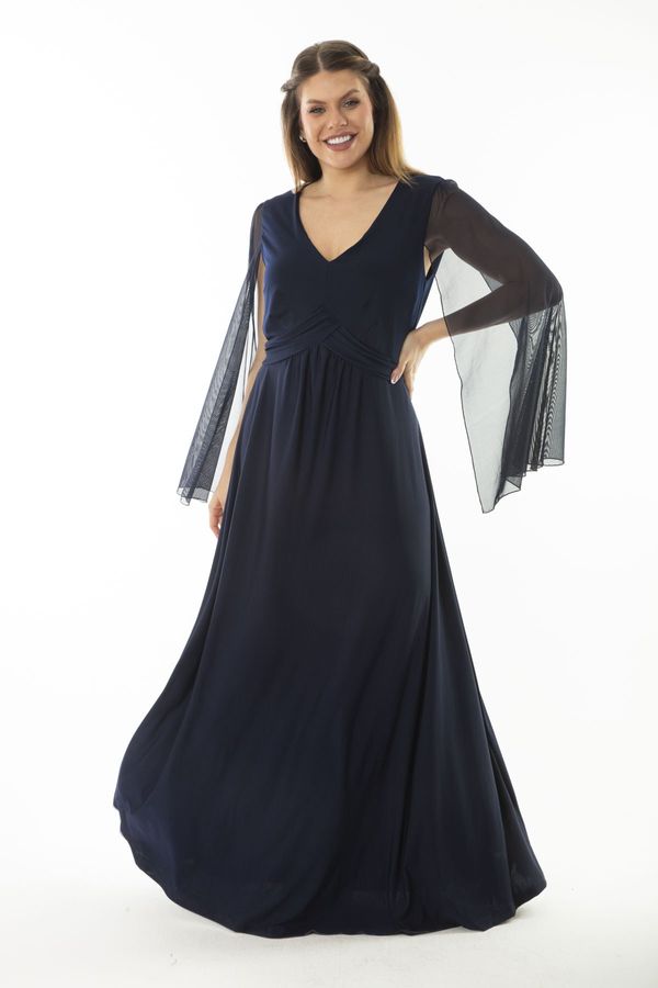 Şans Şans Women's Plus Size Navy Blue Evening Dress with Waist Detailed Sleeves and Tulle
